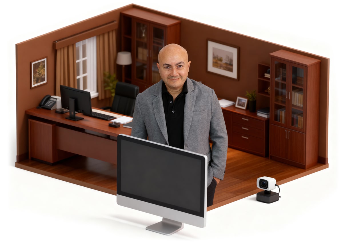 Dani Tadmori behind a Brown Isometric Office Background
