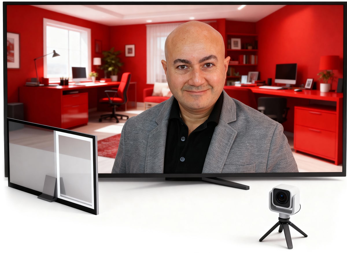 Dani Tadmori founder of ROUMS.com behind red background