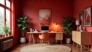 Scandinavian Red Mid-Century Wood Home Office