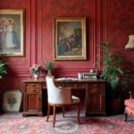 French Red Rococo Silk Home Office