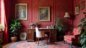French Red Rococo Silk Home Office